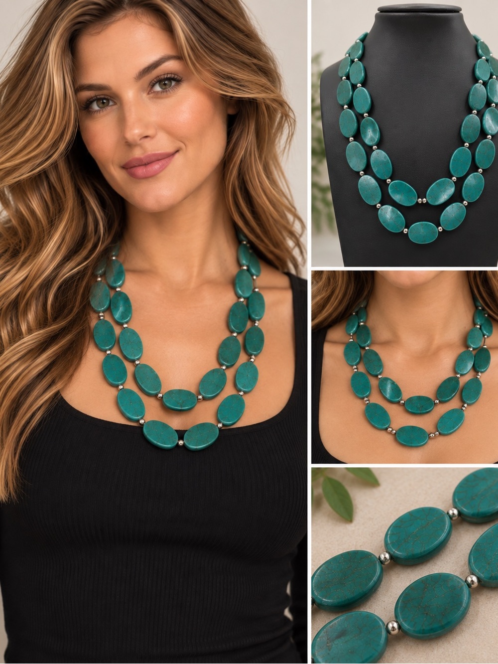 Double-Strand Teal Oval Bead Necklace - Women Jewelry